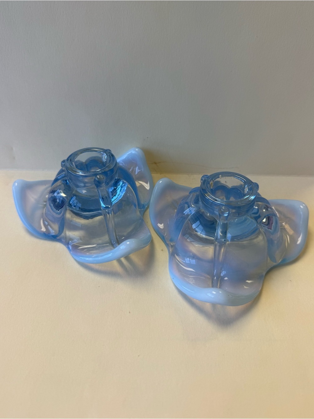Pair of Duncan and Miller American Way Blue Opalescent Candlestick Holders